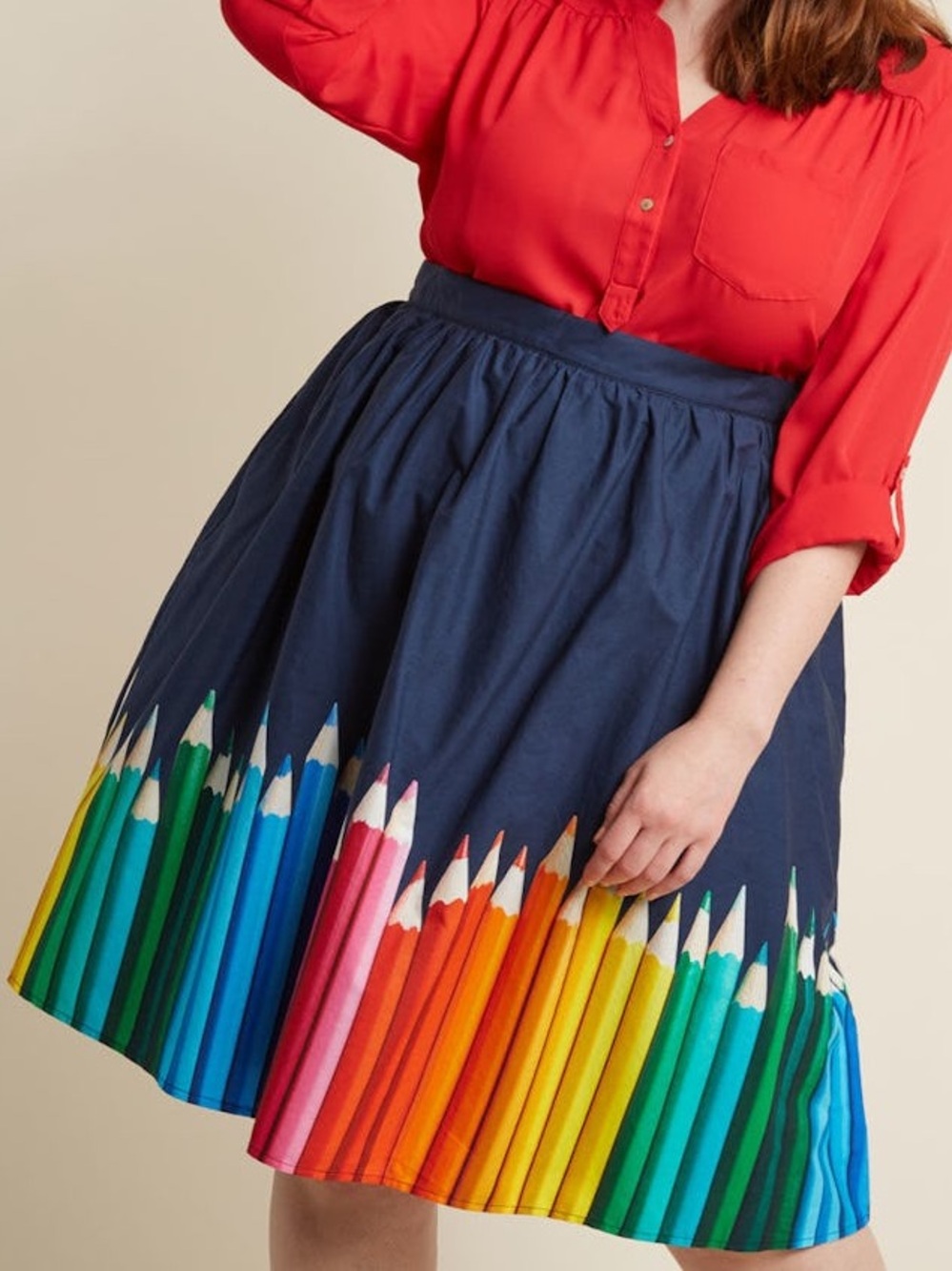 ModCloth Fervour Navy Pencil Print Midi Skirt with Rainbow Pencil Prints